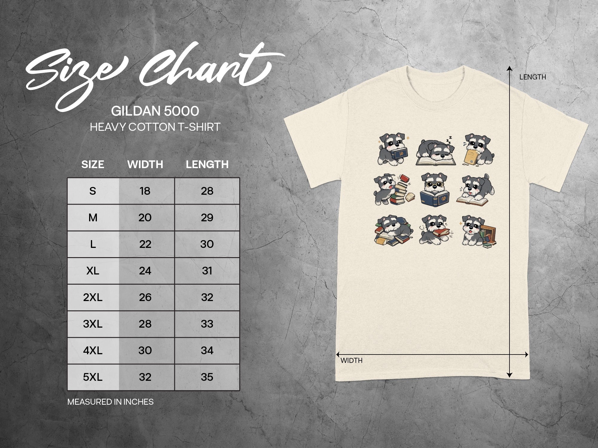 Size chart for Gildan 5000 heavy cotton t-shirt with illustrated dogs reading books.