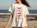White t-shirt with a stack of three beagles on pink stripes.