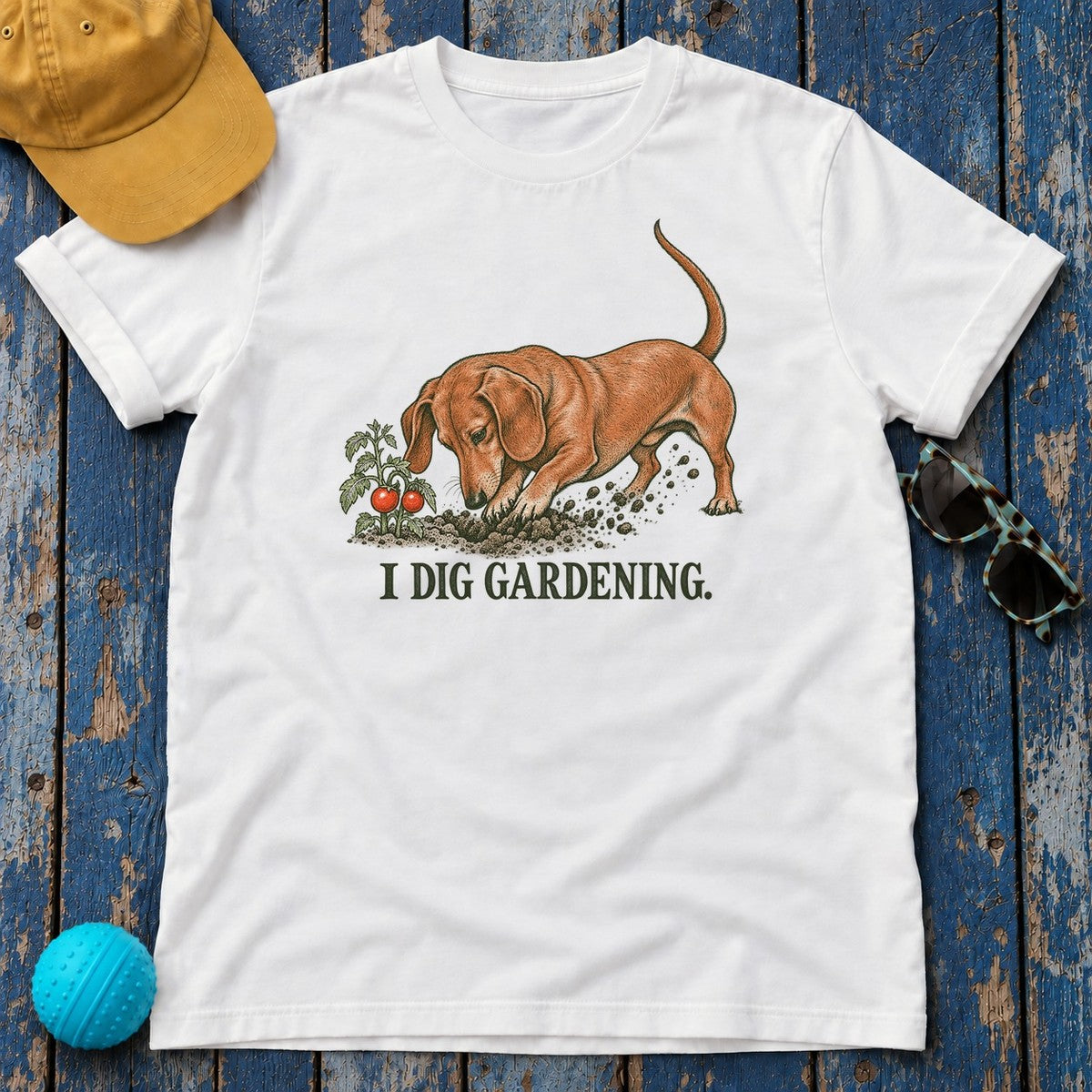 I Dig Gardening Dachshund T-Shirt in White - flat lay