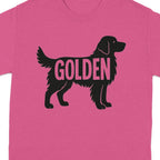 Pink t-shirt with black silhouette of a golden retriever dog and "GOLDEN" text.