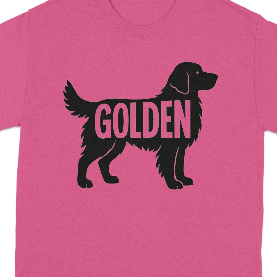 Pink t-shirt with black silhouette of a golden retriever dog and "GOLDEN" text.