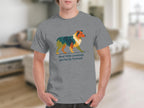 Grey t-shirt with geometric dog art and text "feral little creature, perfectly formed".