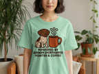Mint t-shirt with a graphic of a German Shorthaired Pointer next to a coffee cup.