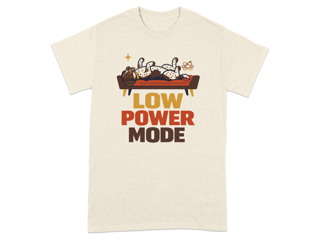 Cream t-shirt with "LOW POWER MODE" text and a lazy cartoon dog.
