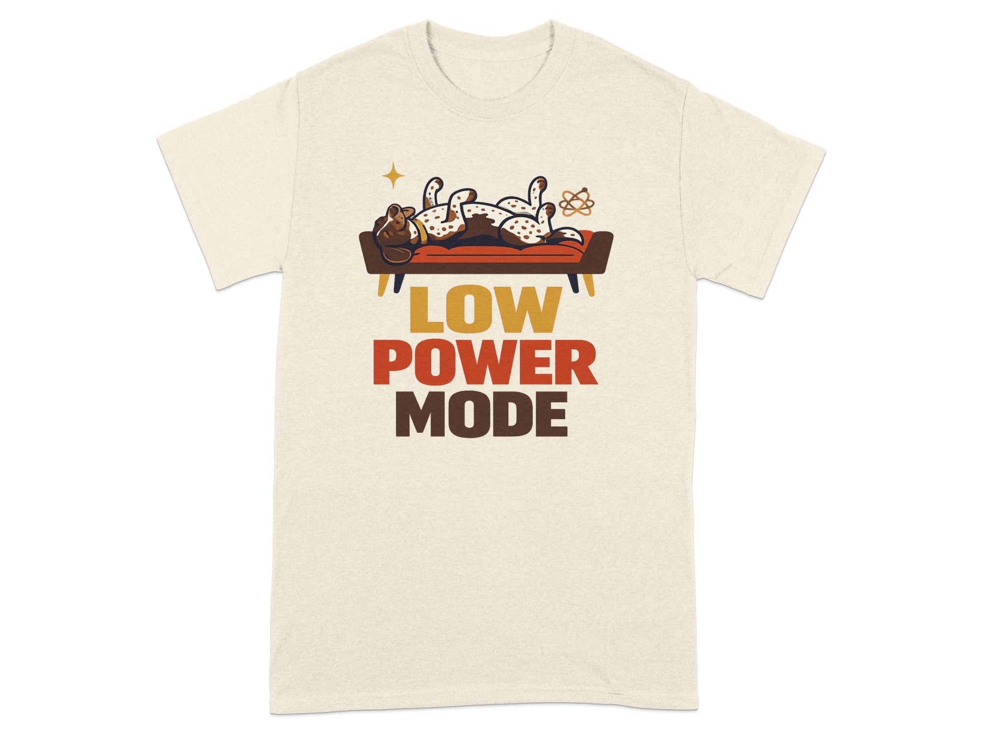 Cream t-shirt with "LOW POWER MODE" text and a lazy cartoon dog.