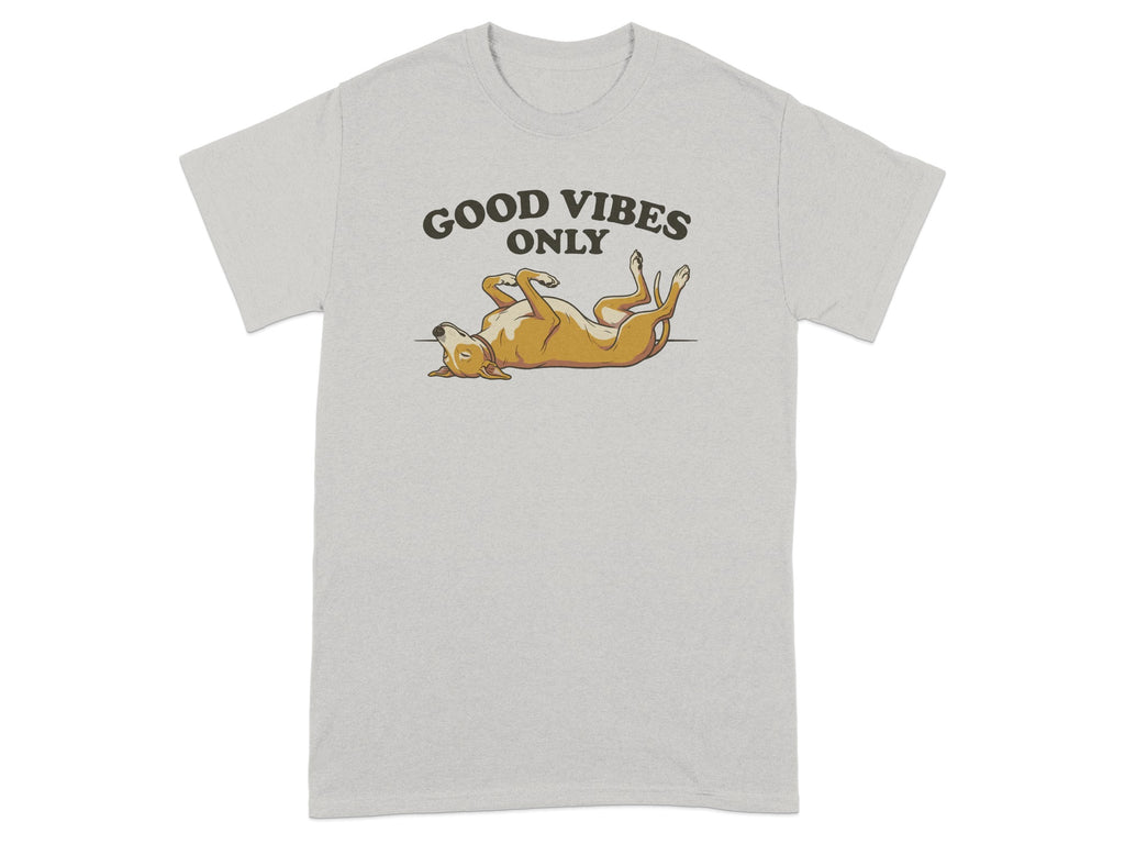 Light grey t-shirt with cartoon dog and "GOOD VIBES ONLY" text.