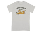 Light grey t-shirt with cartoon dog and "GOOD VIBES ONLY" text.