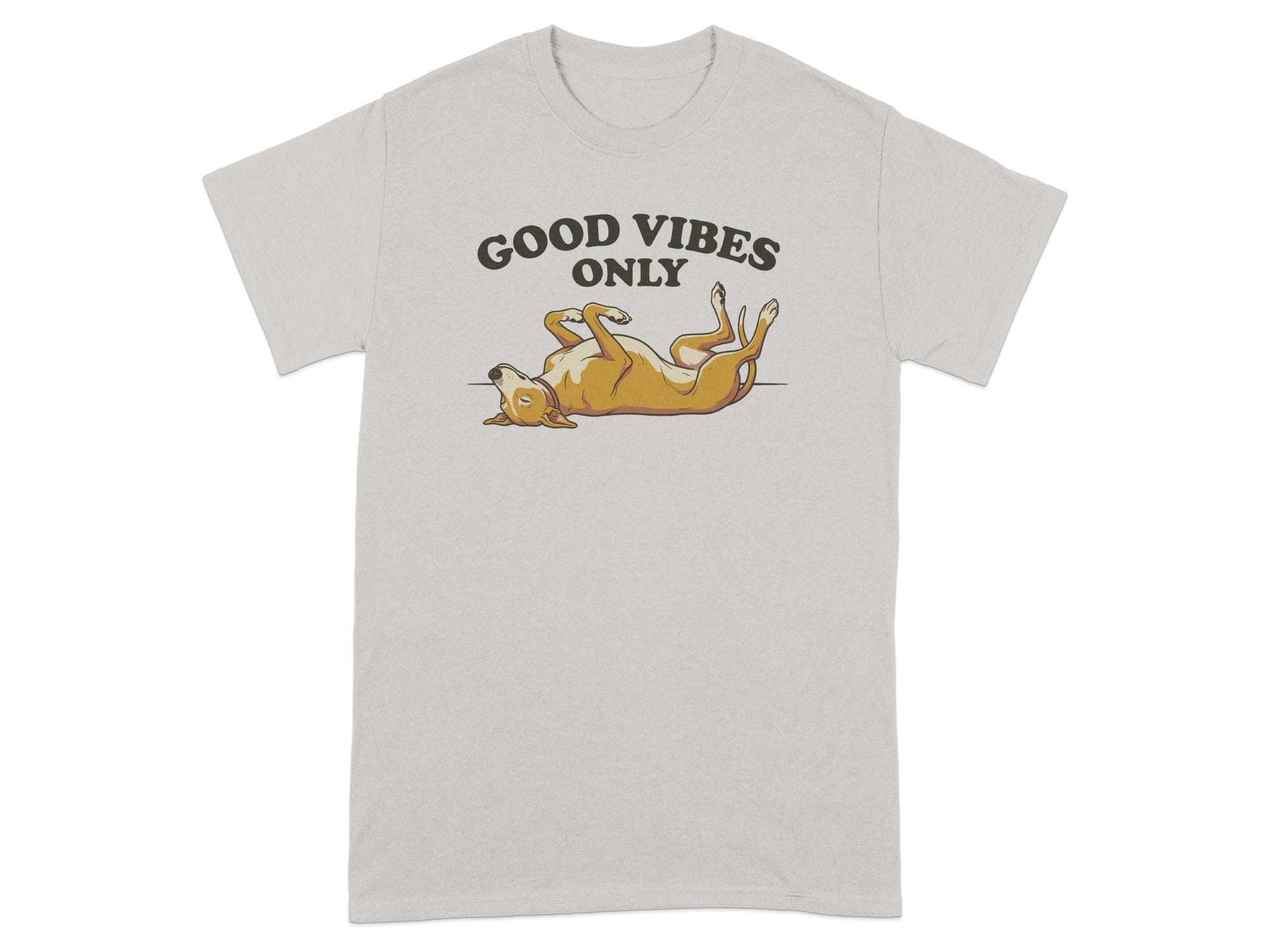 Light grey t-shirt with cartoon dog and "GOOD VIBES ONLY" text.