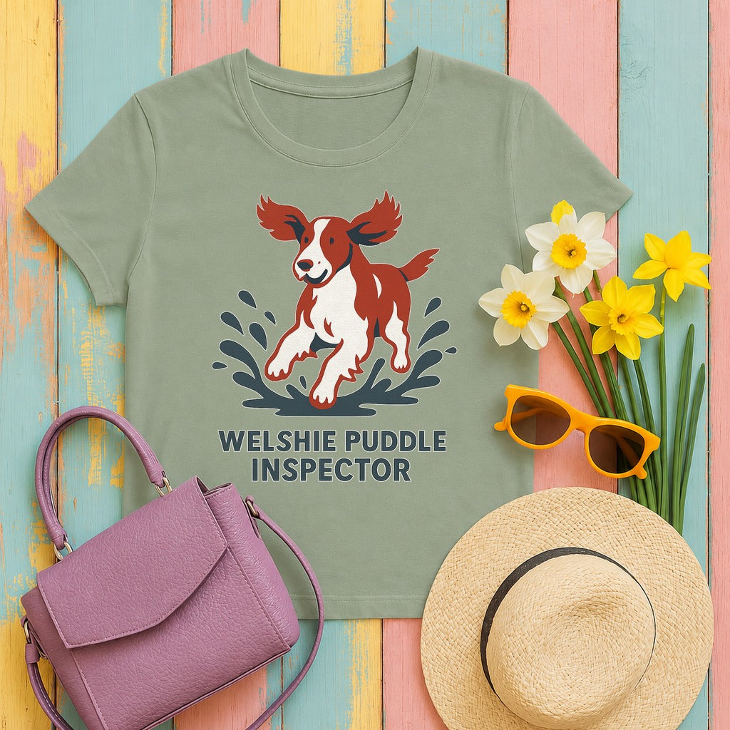 Welsh Springer Spaniel Puddle Inspector T-shirt in Sage