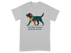 Grey t-shirt with graphic of abstract dog and text.