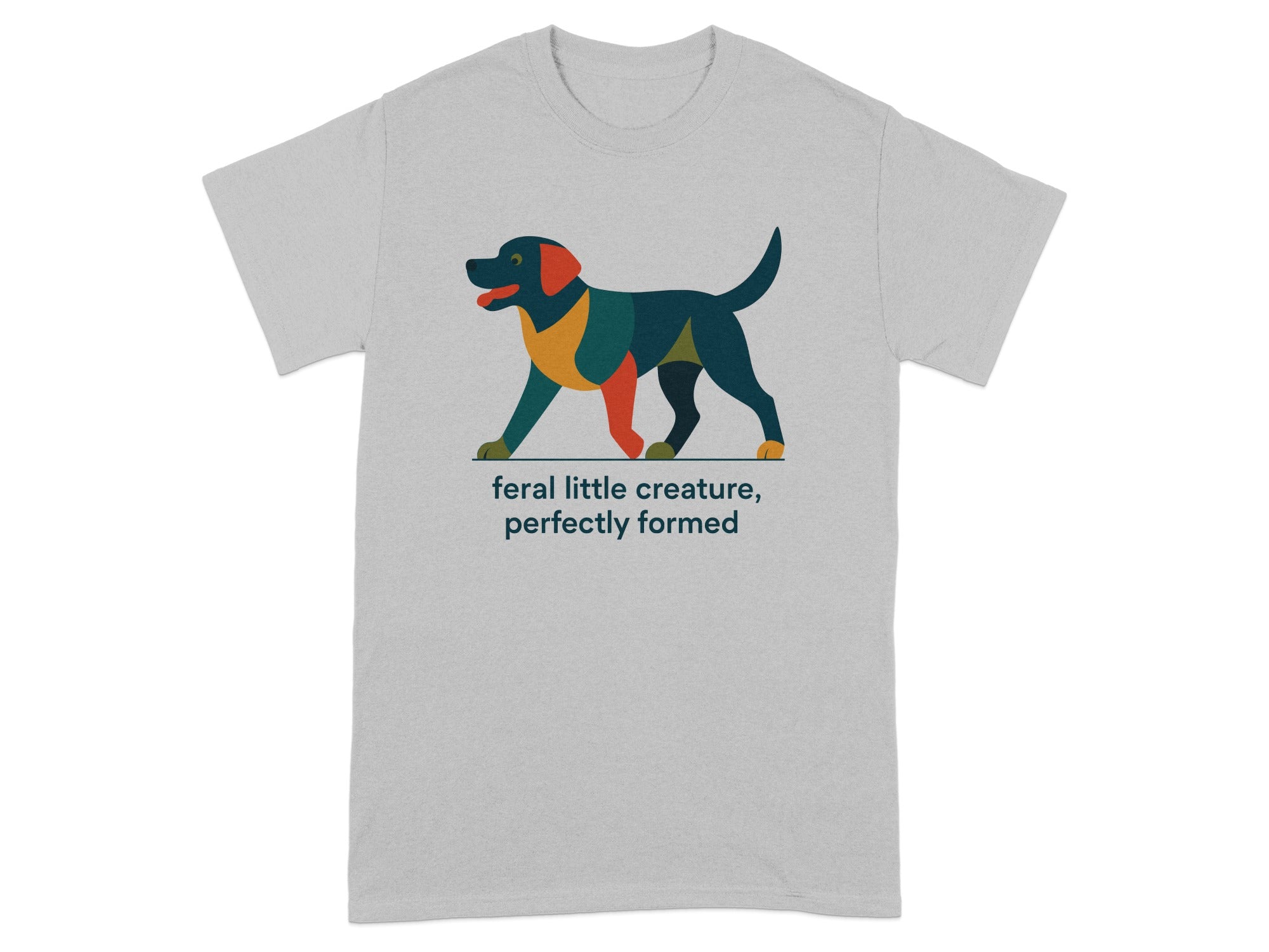 Grey t-shirt with graphic of abstract dog and text.