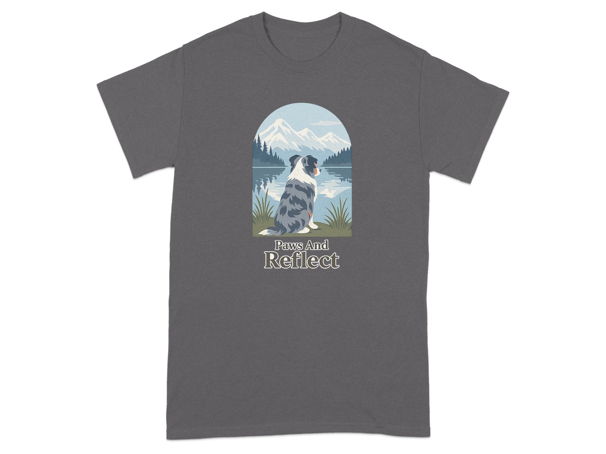 Dog sitting by a lake with mountains, text "Paws And Reflect".