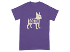 Purple t-shirt with a beige French bulldog graphic and "Boston" text.