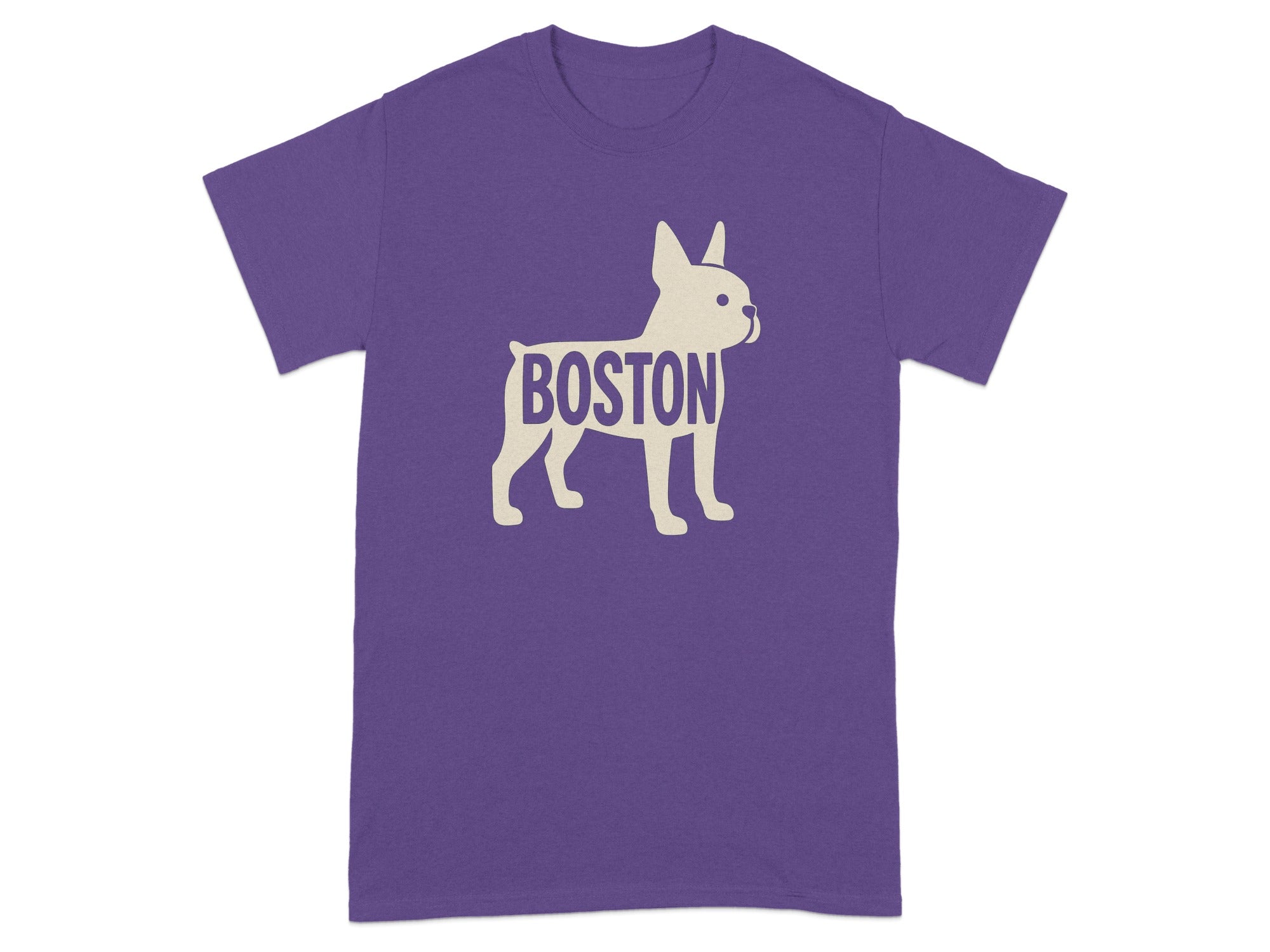 Purple t-shirt with a beige French bulldog graphic and "Boston" text.