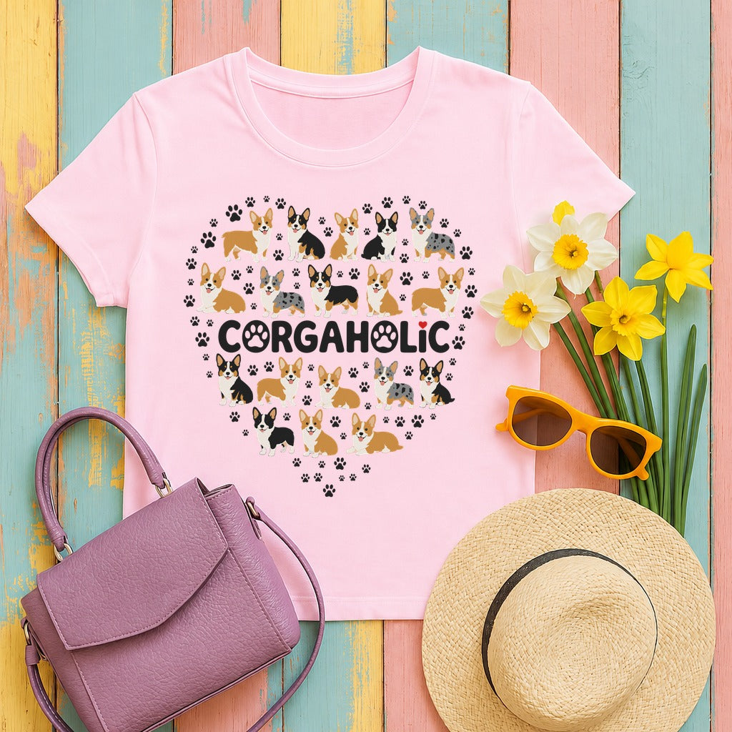 Corgi Corgaholic Heart T-Shirt in Light Pink