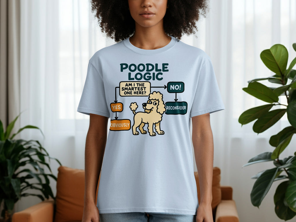 Blue t-shirt with "Poodle Logic" and a flowchart featuring a poodle.
