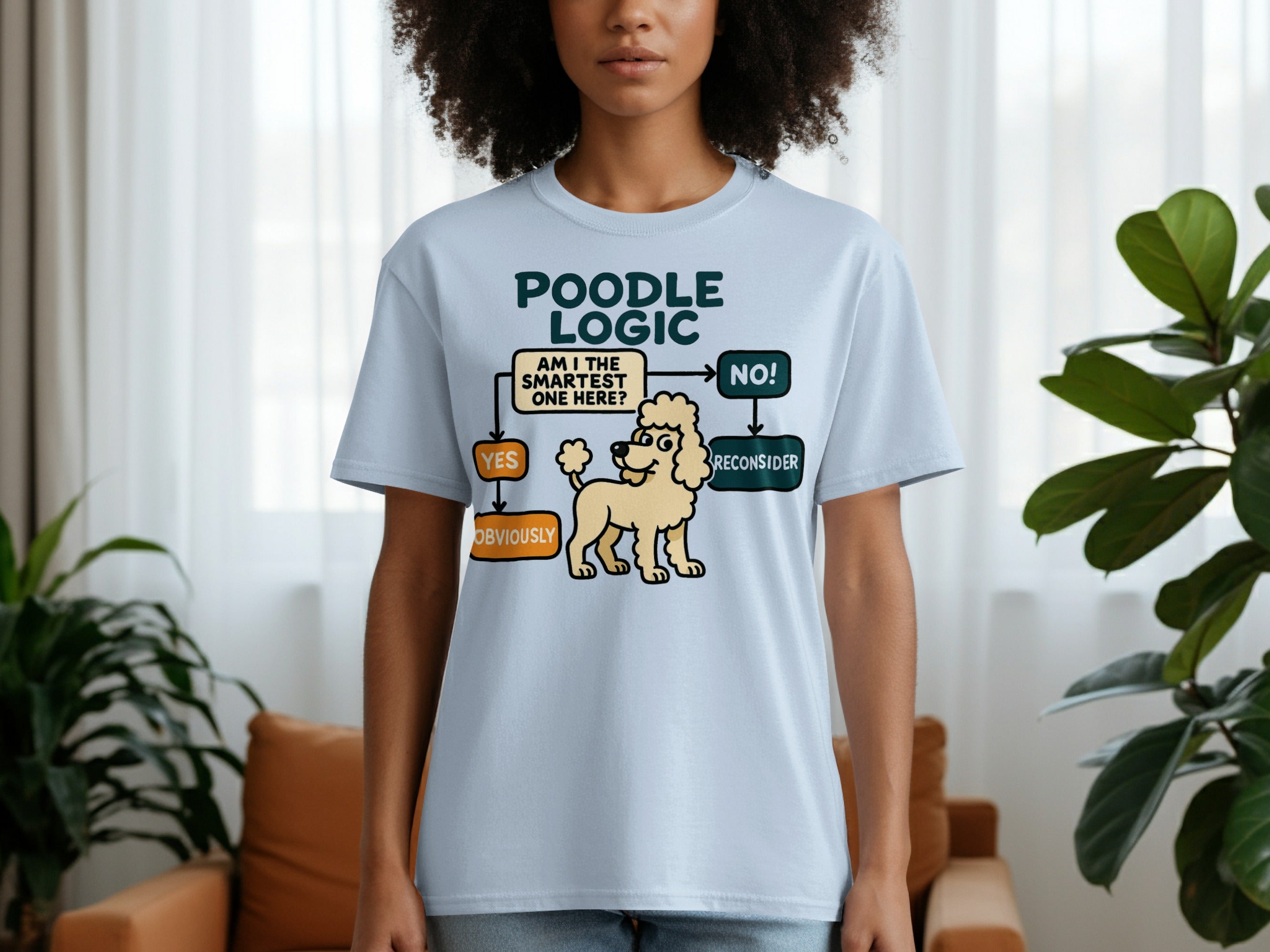 Blue t-shirt with "Poodle Logic" and a flowchart featuring a poodle.