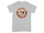 Warning: Will herd without notice. Dog herding sheep graphic on a grey t-shirt.