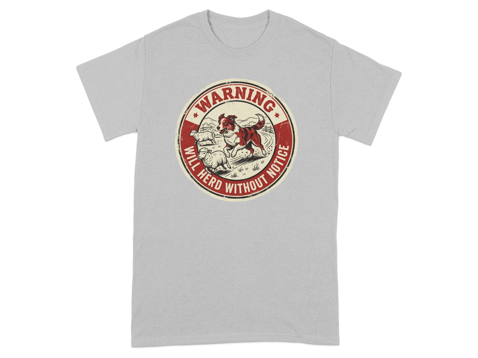 Warning: Will herd without notice. Dog herding sheep graphic on a grey t-shirt.