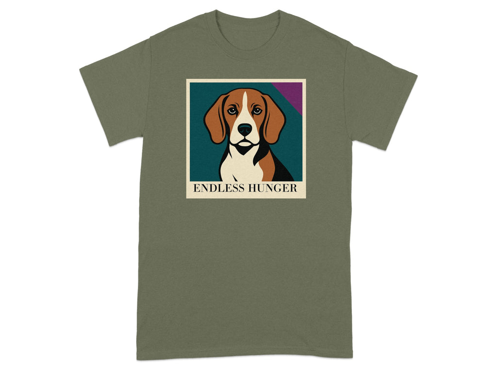 Green t-shirt with a stylized beagle portrait and "ENDLESS HUNGER" text.