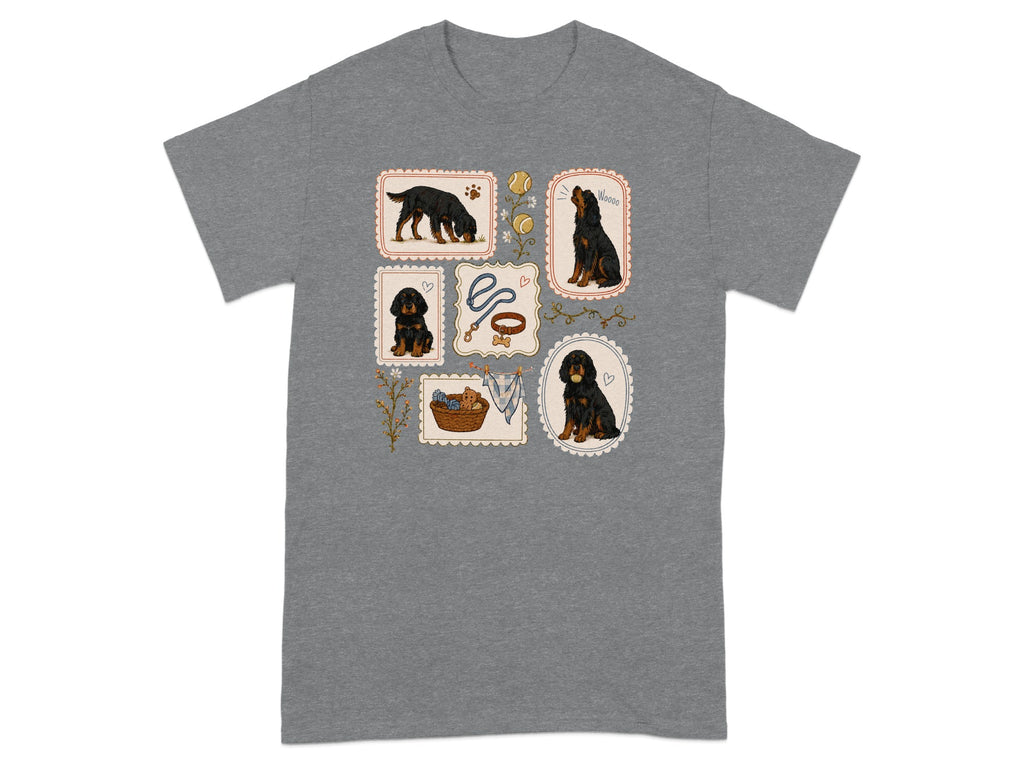 T-shirt with six framed illustrations of a black dog in various poses.