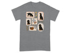 T-shirt with six framed illustrations of a black dog in various poses.