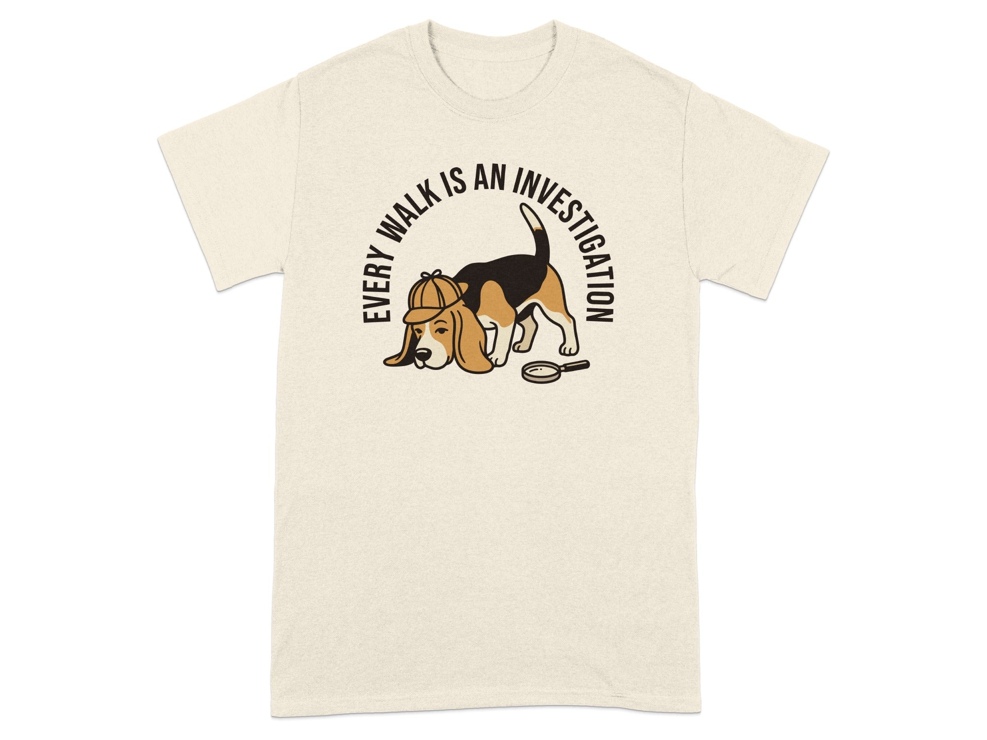 T-shirt with beagle wearing detective hat and magnifying glass, text "EVERY WALK IS AN INVESTIGATION".