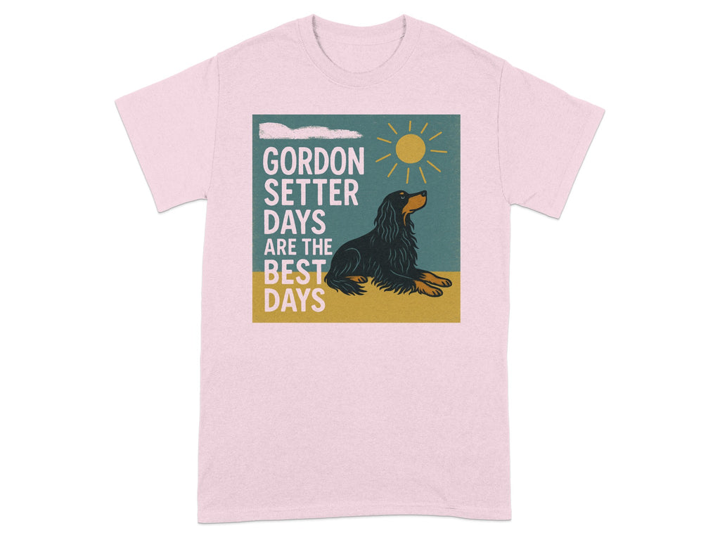 Gordon Setter Days Are The Best Days text with dog illustration on a pink t-shirt.