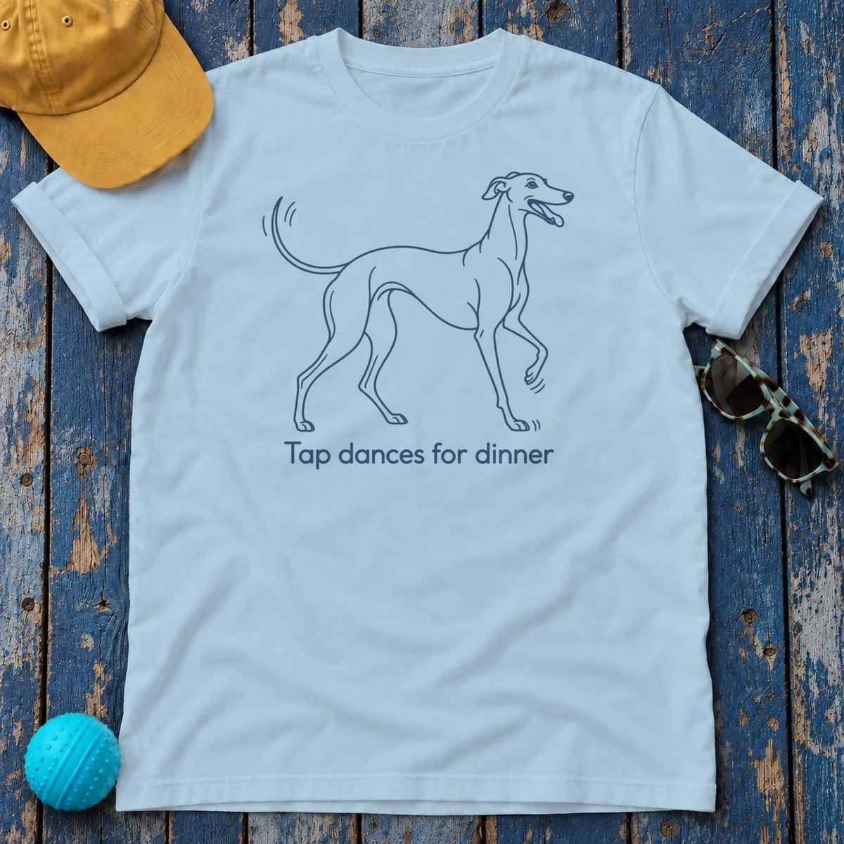 Tap Dances for Dinner Greyhound T-Shirt in Light Blue - flat lay