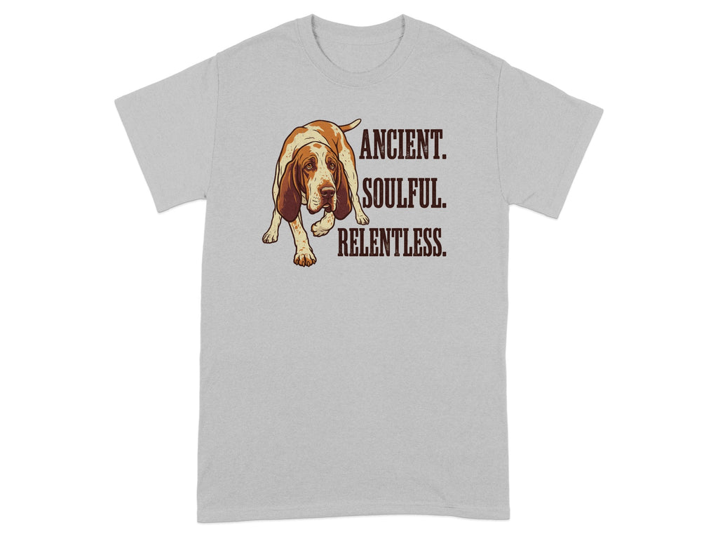 Grey t-shirt with a dog illustration and text "ANCIENT. SOULFUL. RELENTLESS."