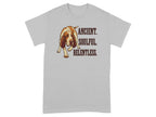 Grey t-shirt with a dog illustration and text "ANCIENT. SOULFUL. RELENTLESS."