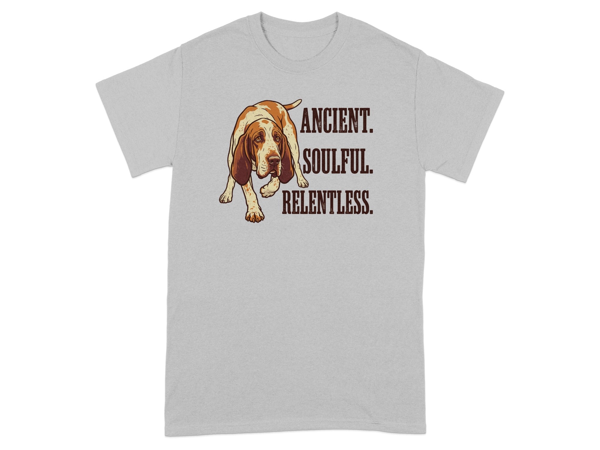 Grey t-shirt with a dog illustration and text "ANCIENT. SOULFUL. RELENTLESS."
