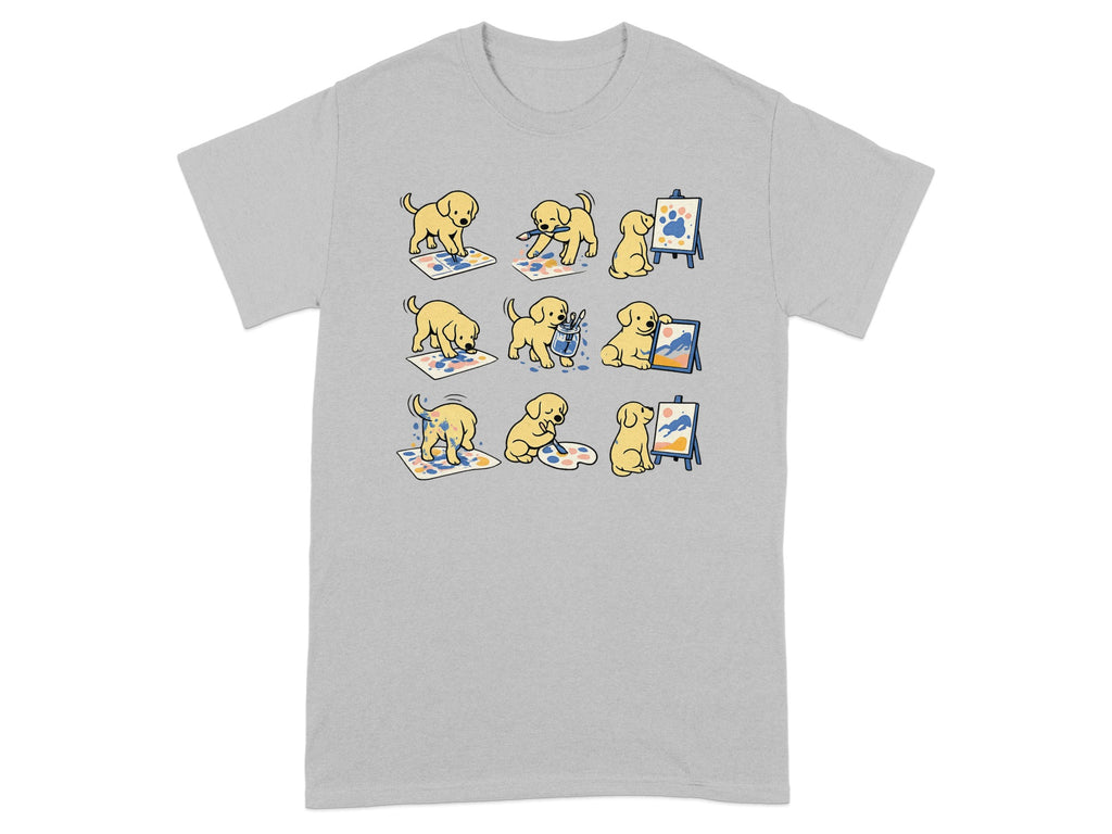 Yellow puppies create abstract art in nine panels, some messy, some clean.