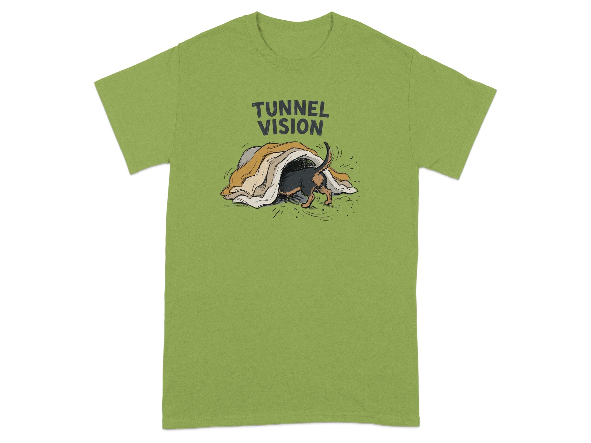 Dachshund peeking out from a tunnel with text "TUNNEL VISION".