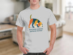 White t-shirt with abstract dog and text "feral little creature, perfectly formed".