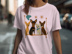 T-shirt with four stylized dogs sitting on a perch with mid-century modern accents.