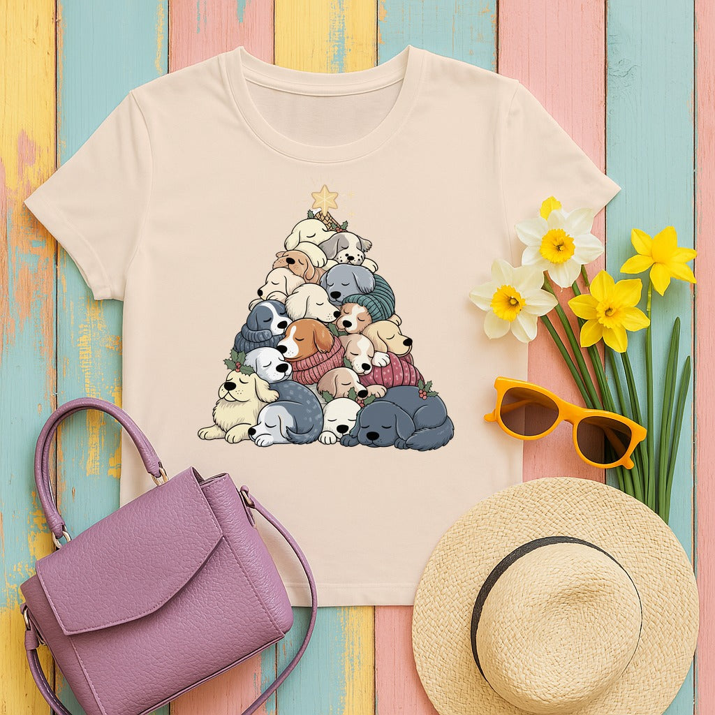 Sleeping Dogs Stacked Christmas Tree Funny Holiday T-Shirt in Soft Cream