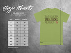 Gildan 5000 heavy cotton t-shirt size chart with "Eat Sleep Steal Socks Repeat" graphic.