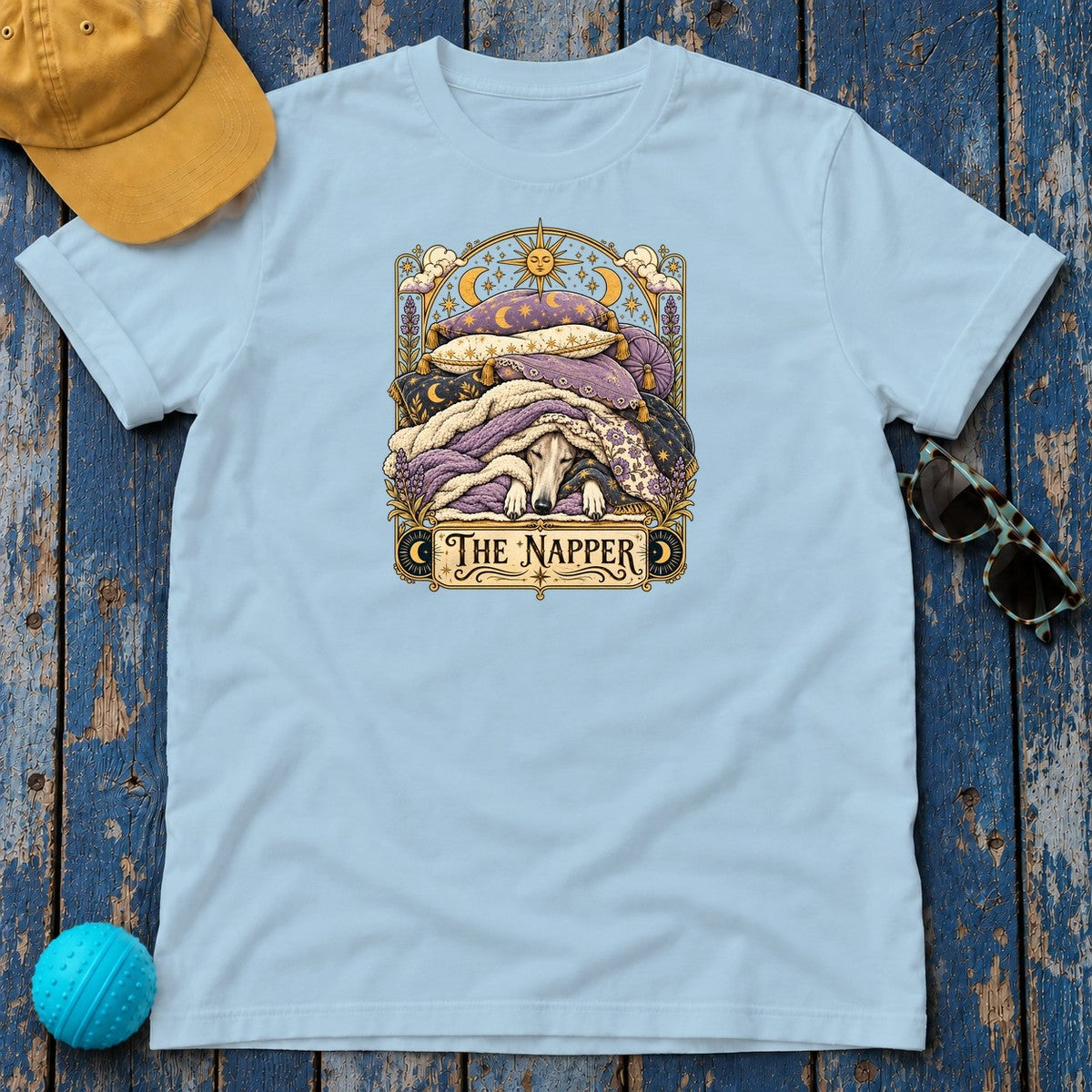 The Napper Greyhound T-Shirt in Light Blue - flat lay