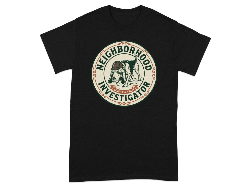 Black t-shirt with a circular graphic featuring a dog as a "Neighborhood Investigator".