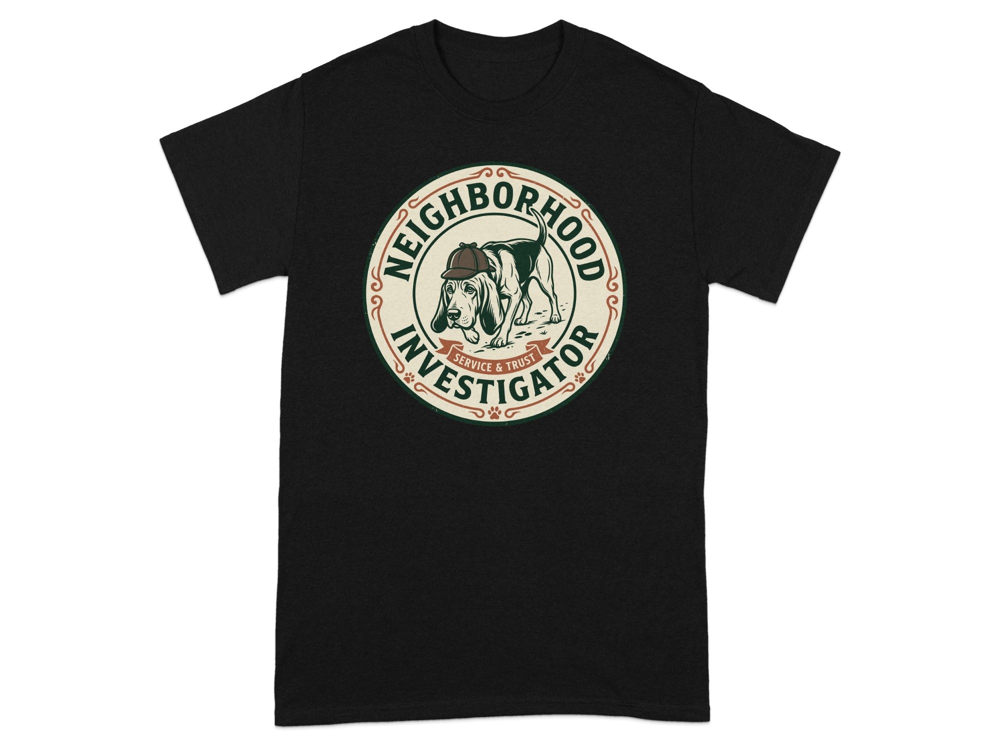 Black t-shirt with a circular graphic featuring a dog as a "Neighborhood Investigator".