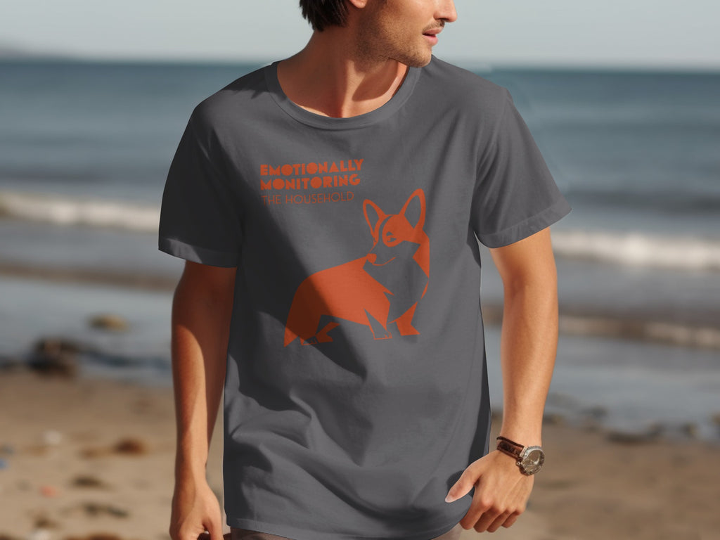 Dark gray t-shirt with an orange corgi graphic and text.