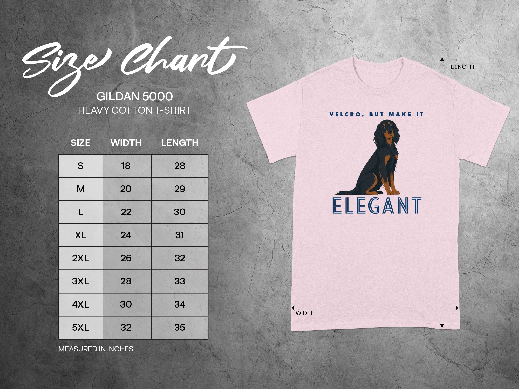 Gildan 5000 size chart with t-shirt graphic and text "Elegant".