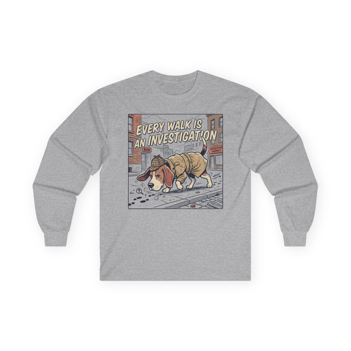 Every Walk is an Investigation Beagle Cartoon Long Sleeve Tee in Sport Grey