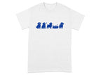 White t-shirt with a blue graphic of five pugs in various poses.