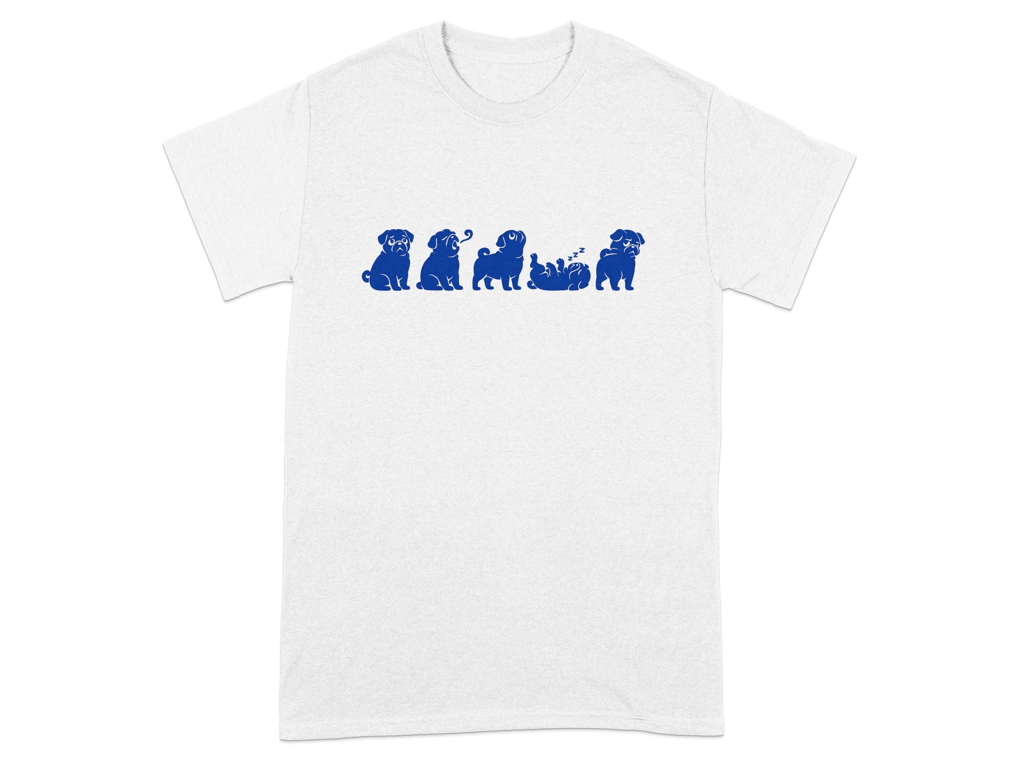 White t-shirt with a blue graphic of five pugs in various poses.