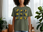 T-shirt with nine cartoon illustrations of golden retrievers cycling and doing other activities.