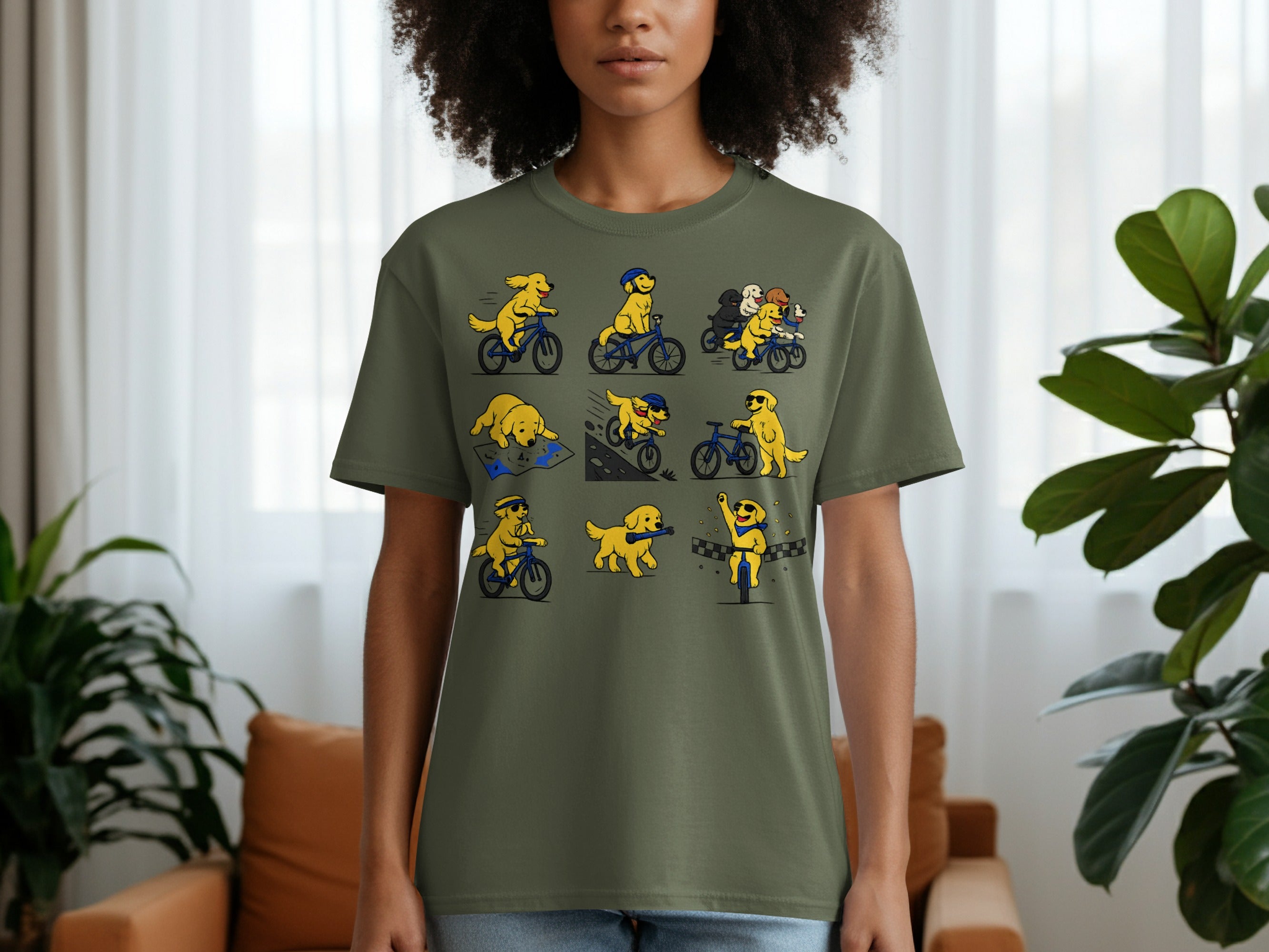 T-shirt with nine cartoon illustrations of golden retrievers cycling and doing other activities.