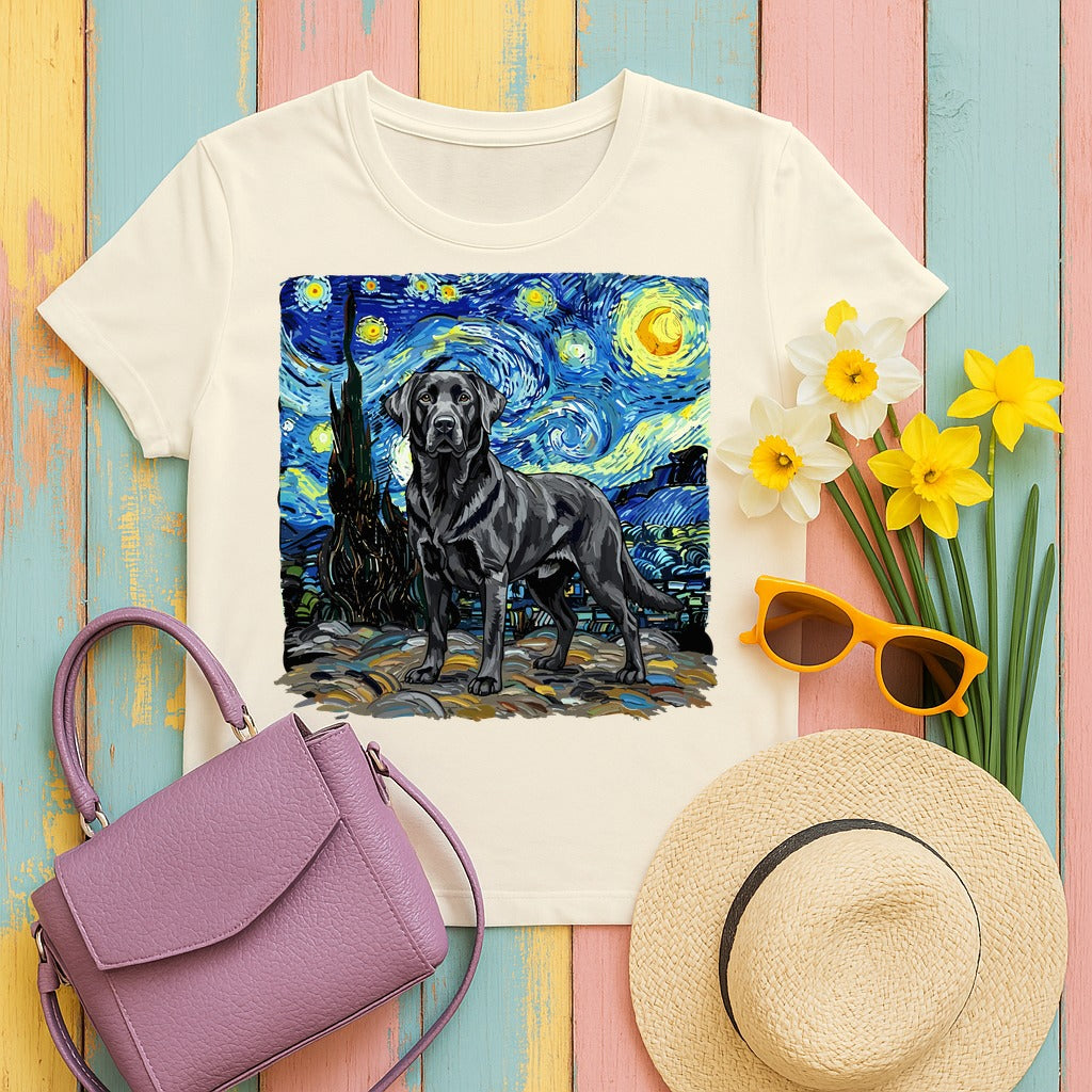 Labrador Retriever — Black Labrador Dog in Starry Night Landscape T-Shirt in Natural