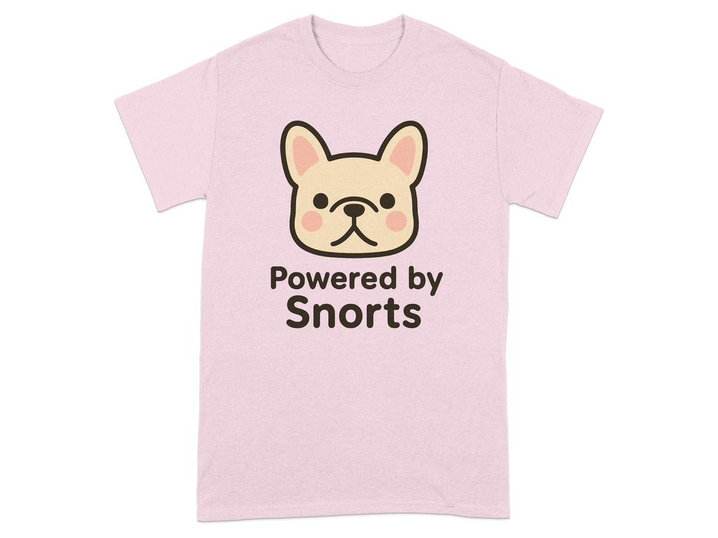 Pink t-shirt with a cartoon French bulldog and the text "Powered by Snorts".